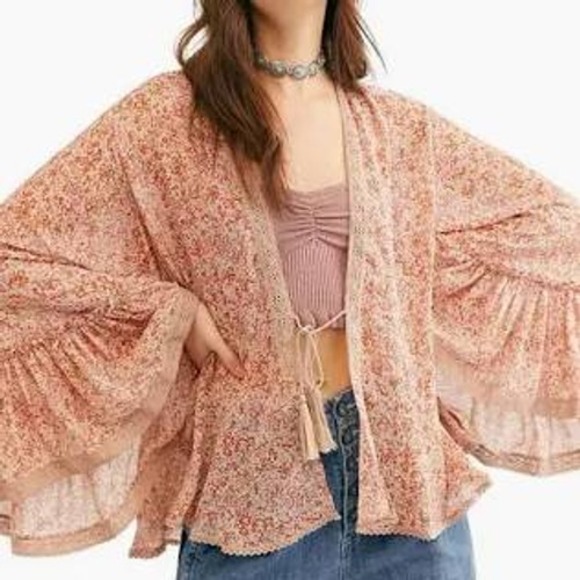 NWOT Free People Lola Chiffon Floral Print Kimono in Neutral Color Combo Size XL